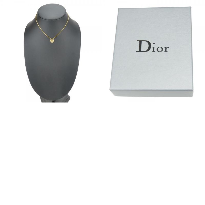 Christian Dior Necklace Metal Rhinestone Gold Heart Logo Plated Accessories