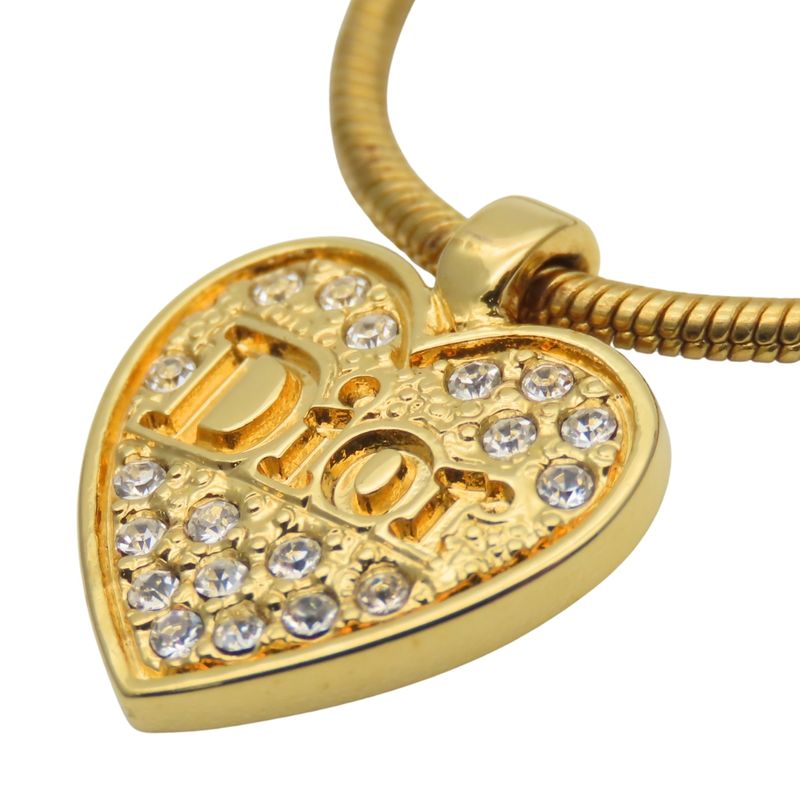 Christian Dior Necklace Metal Rhinestone Gold Heart Logo Plated Accessories