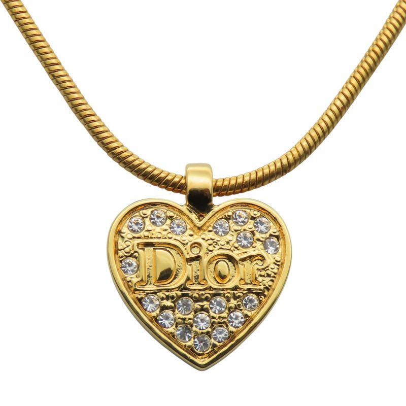 Christian Dior Necklace Metal Rhinestone Gold Heart Logo Plated Accessories