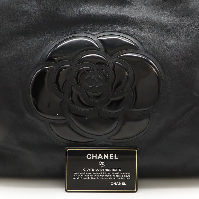 Chanel Camellia Logo Tote Large Tote Shoulder Bag Semi Shoulder Leather Black