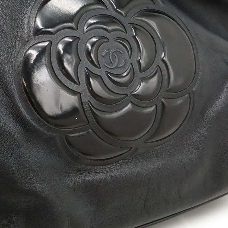 Chanel Camellia Logo Tote Large Tote Shoulder Bag Semi Shoulder Leather Black