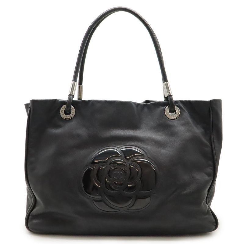 Chanel Camellia Logo Tote Large Tote Shoulder Bag Semi Shoulder Leather Black