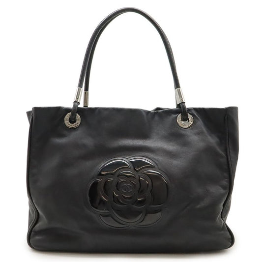 Chanel Camellia Logo Tote Large Tote Shoulder Bag Semi Shoulder Leather Black