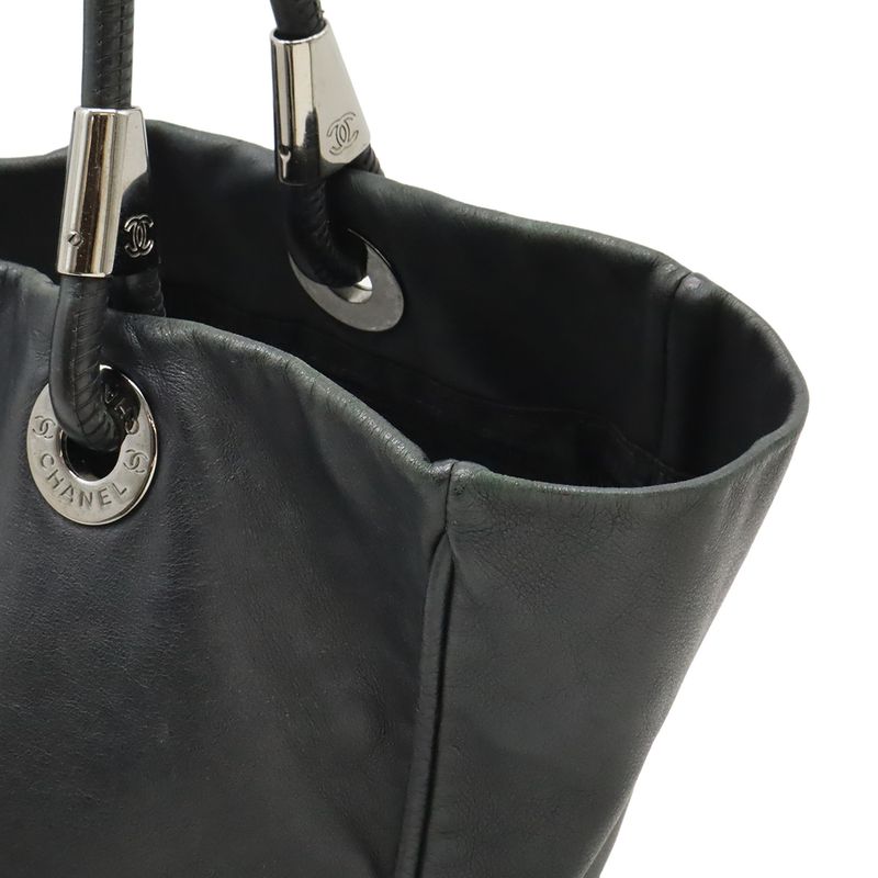 Chanel Camellia Logo Tote Large Tote Shoulder Bag Semi Shoulder Leather Black