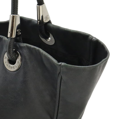 Chanel Camellia Logo Tote Large Tote Shoulder Bag Semi Shoulder Leather Black