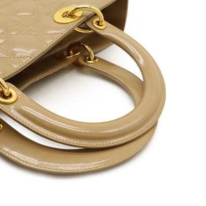 Christian Dior Lady Dior Large Cannage Handbag Tote Bag Enamel Leather Beige