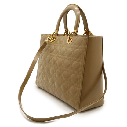 Christian Dior Lady Dior Large Cannage Handbag Tote Bag Enamel Leather Beige