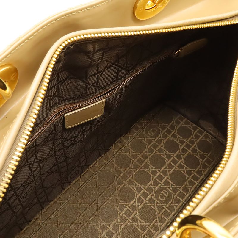 Christian Dior Lady Dior Large Cannage Handbag Tote Bag Enamel Leather Beige
