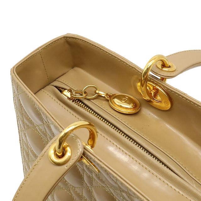 Christian Dior Lady Dior Large Cannage Handbag Tote Bag Enamel Leather Beige