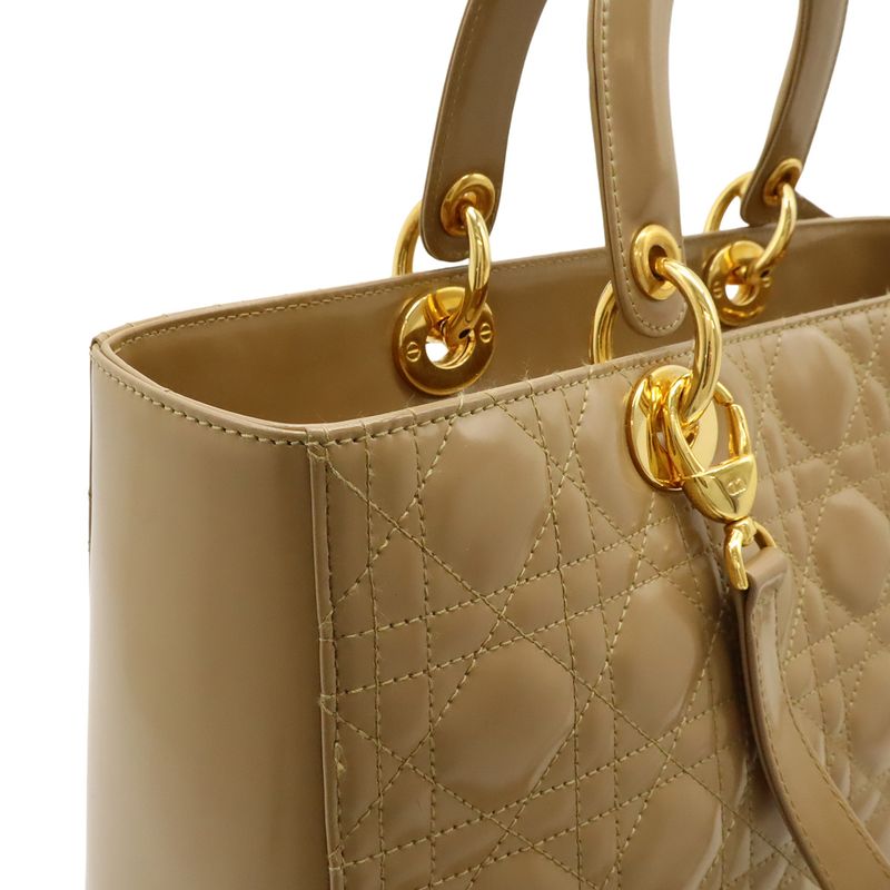 Christian Dior Lady Dior Large Cannage Handbag Tote Bag Enamel Leather Beige