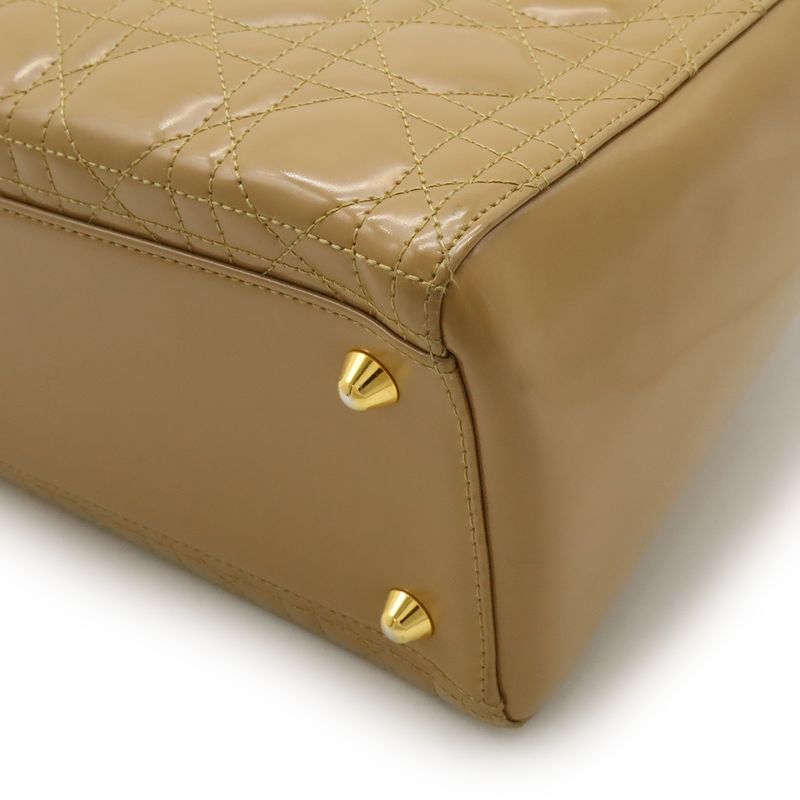 Christian Dior Lady Dior Large Cannage Handbag Tote Bag Enamel Leather Beige
