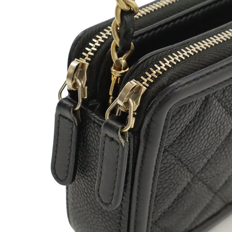 Chanel CC Filigree Chain Wallet Shoulder Bag Pochette 2way Clutch Caviar Skin