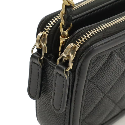 Chanel CC Filigree Chain Wallet Shoulder Bag Pochette 2way Clutch Caviar Skin