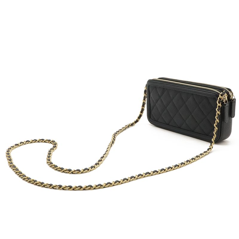Chanel CC Filigree Chain Wallet Shoulder Bag Pochette 2way Clutch Caviar Skin