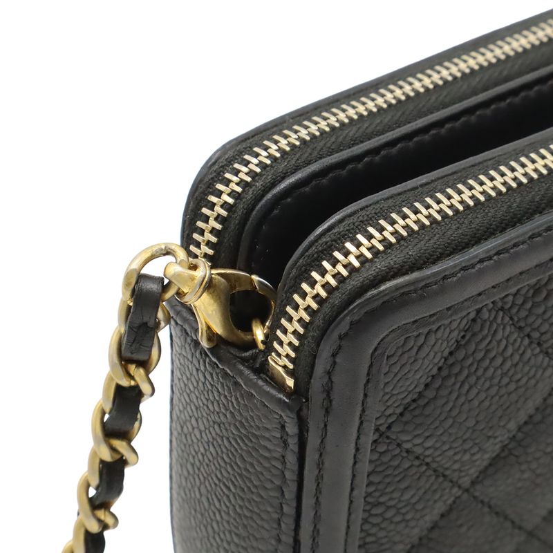 Chanel CC Filigree Chain Wallet Shoulder Bag Pochette 2way Clutch Caviar Skin