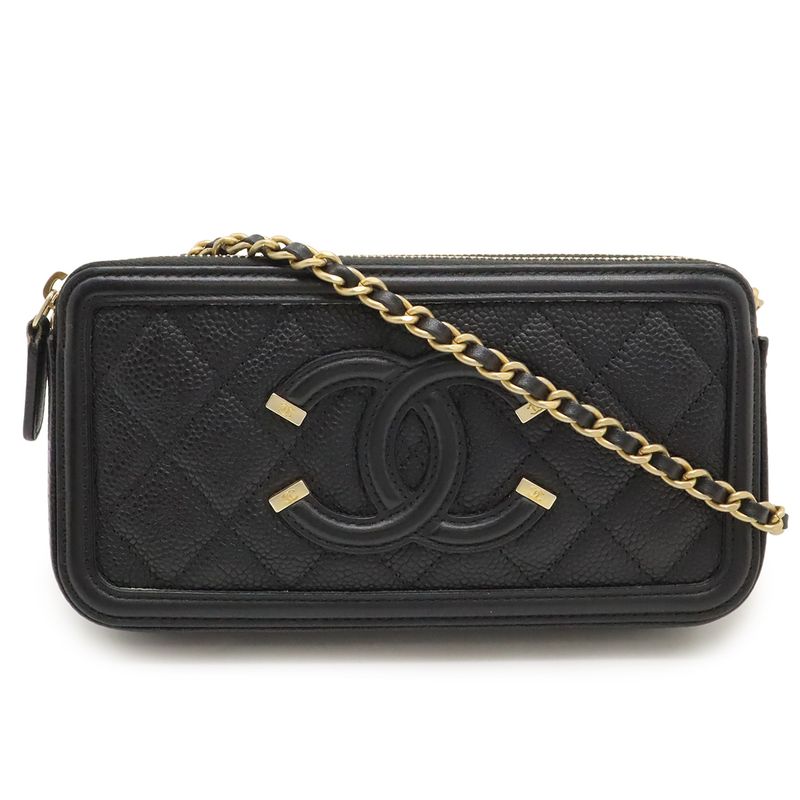 Chanel CC Filigree Chain Wallet Shoulder Bag Pochette 2way Clutch Caviar Skin
