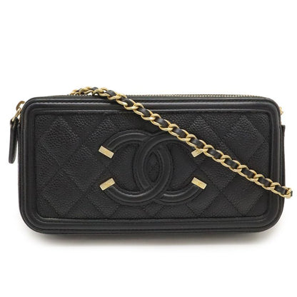 Chanel CC Filigree Chain Wallet Shoulder Bag Pochette 2way Clutch Caviar Skin