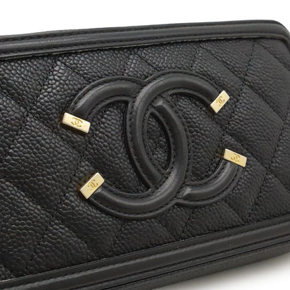 Chanel CC Filigree Chain Wallet Shoulder Bag Pochette 2way Clutch Caviar Skin