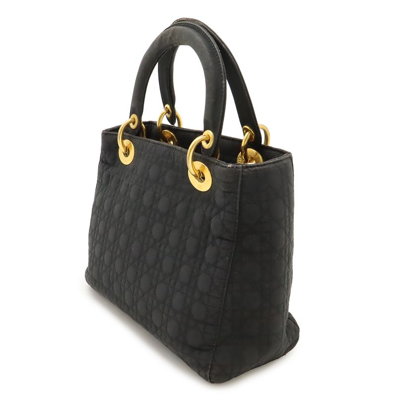 Christian Dior Lady Dior Cannage Handbag Tote Bag Mini Bag Nylon Black Gold