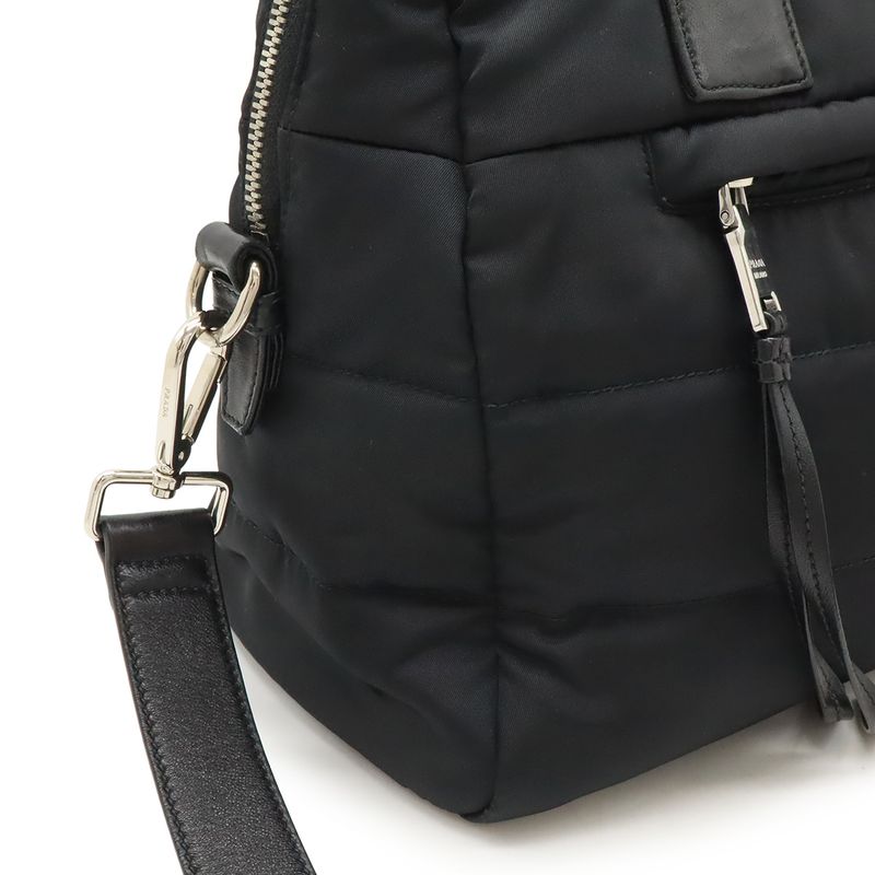 Prada Bomber Handbag Tote Bag 2way Shoulder Bag Nylon Leather Nero Black Silver