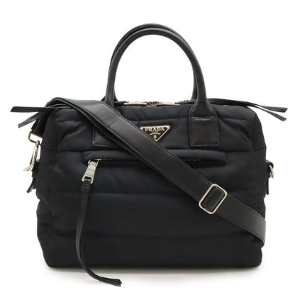 Prada Bomber Handbag Tote Bag 2way Shoulder Bag Nylon Leather Nero Black Silver