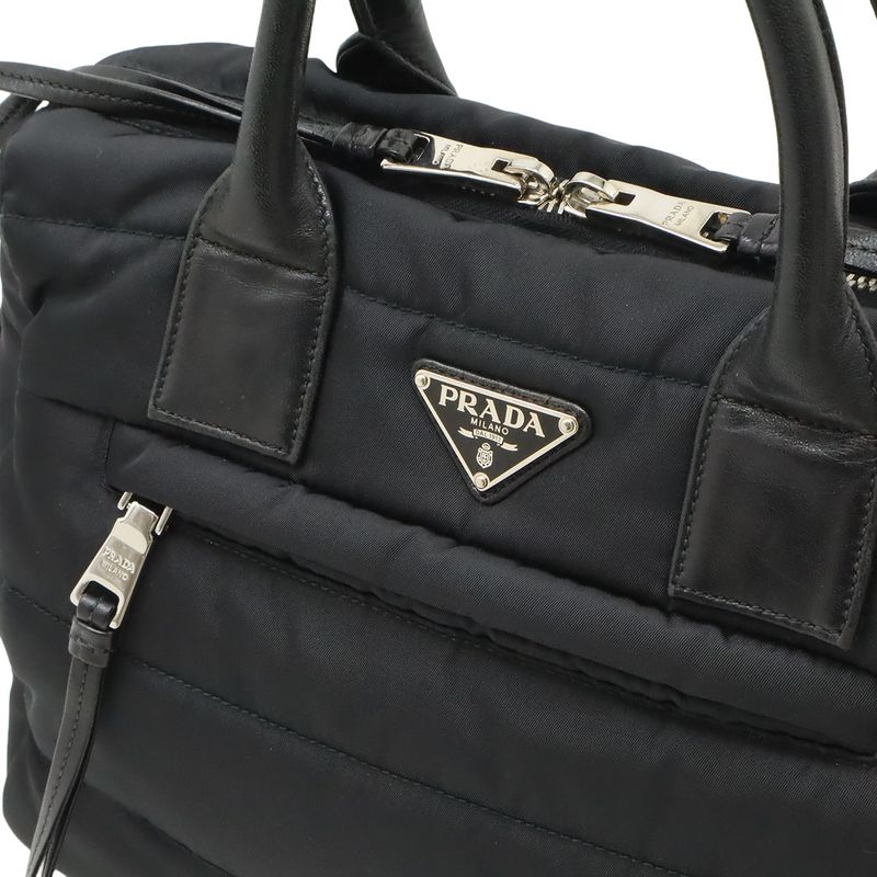 Prada Bomber Handbag Tote Bag 2way Shoulder Bag Nylon Leather Nero Black Silver