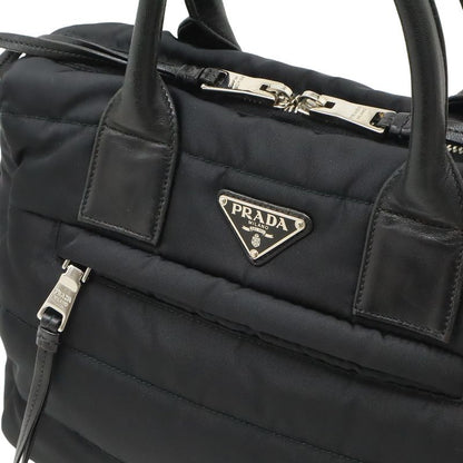 Prada Bomber Handbag Tote Bag 2way Shoulder Bag Nylon Leather Nero Black Silver