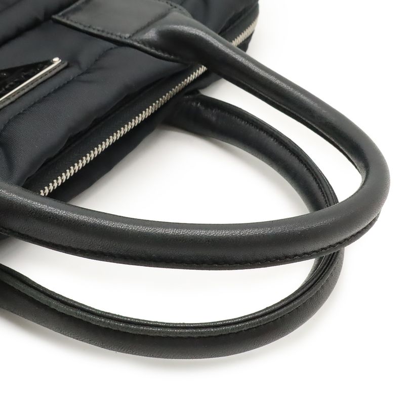 Prada Bomber Handbag Tote Bag 2way Shoulder Bag Nylon Leather Nero Black Silver