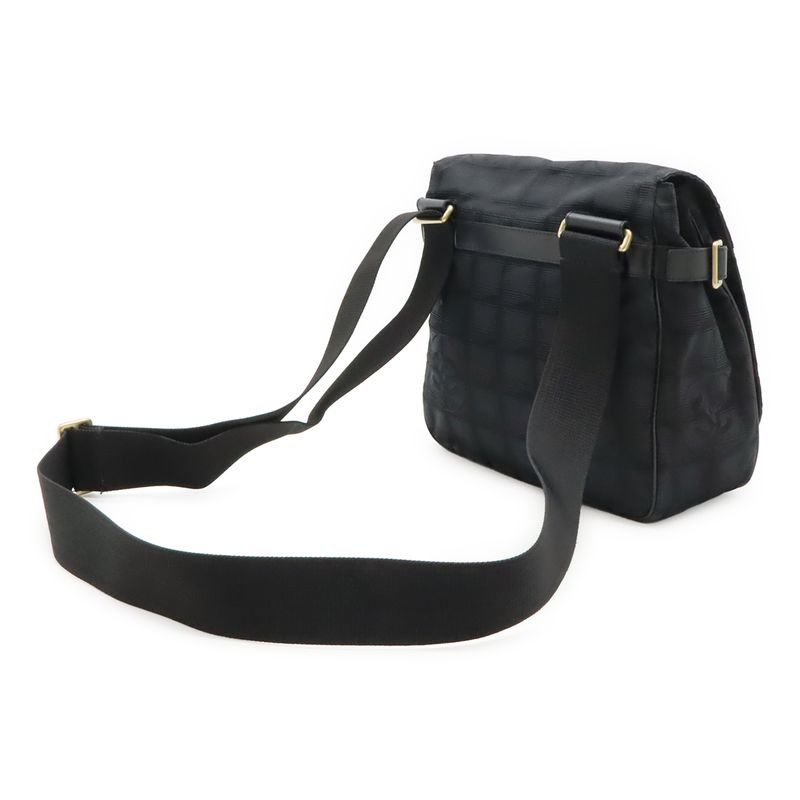 Chanel New Travel Line Shoulder Bag Crossbody Nylon Jacquard Leather Black Gold