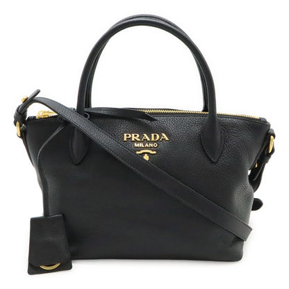 Prada Vitello Daino Handbag 2way Shoulder Bag Striped Shoulder Nero Black Gold