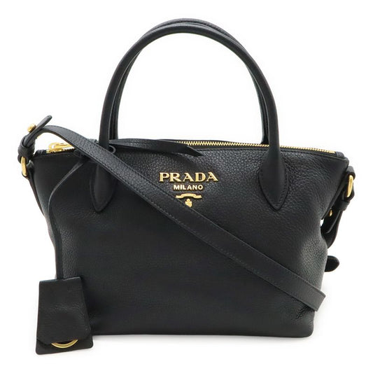 Prada Vitello Daino Handbag 2way Shoulder Bag Striped Shoulder Nero Black Gold
