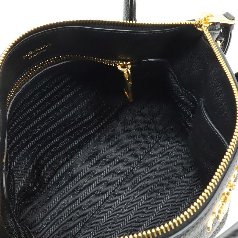 Prada Vitello Daino Handbag 2way Shoulder Bag Striped Shoulder Nero Black Gold
