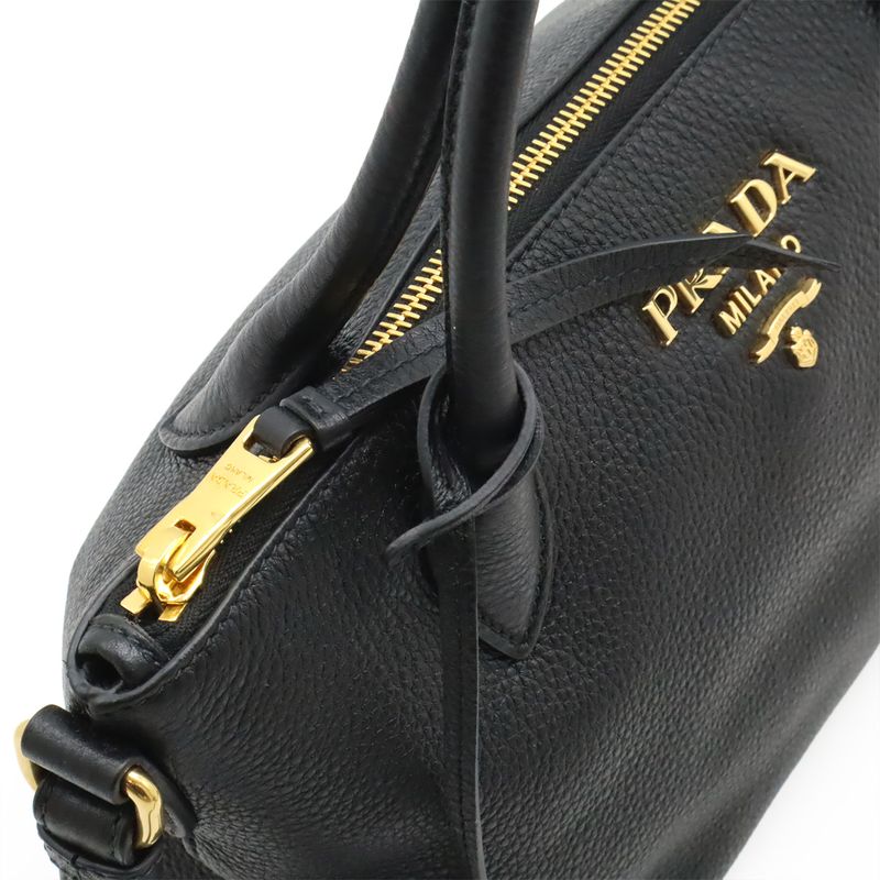 Prada Vitello Daino Handbag 2way Shoulder Bag Striped Shoulder Nero Black Gold