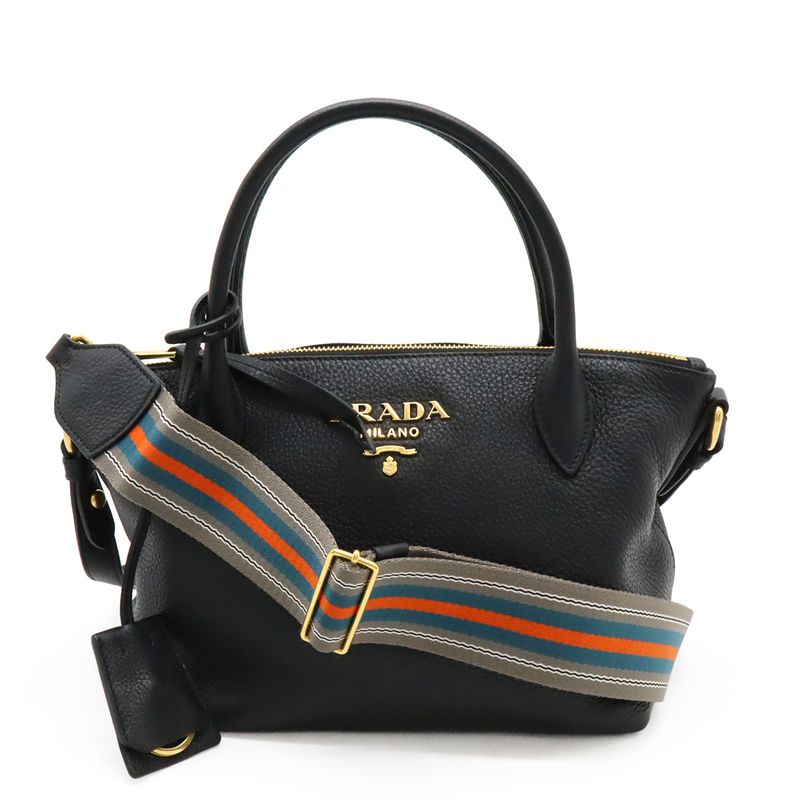 Prada Vitello Daino Handbag 2way Shoulder Bag Striped Shoulder Nero Black Gold