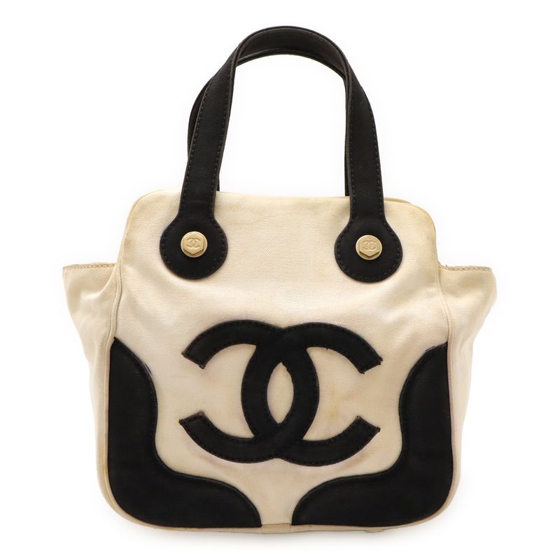 Chanel Coco Mark Marshmallow Bag Tote Bag Handbag Canvas Ivory White Black