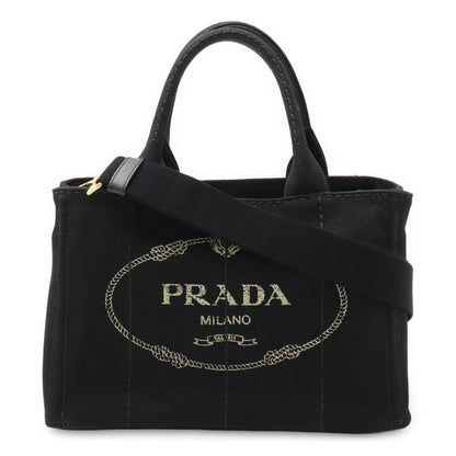 Prada Canapa Tote Bag 2way Shoulder Bag Crossbody Canvas Nero Black Gold