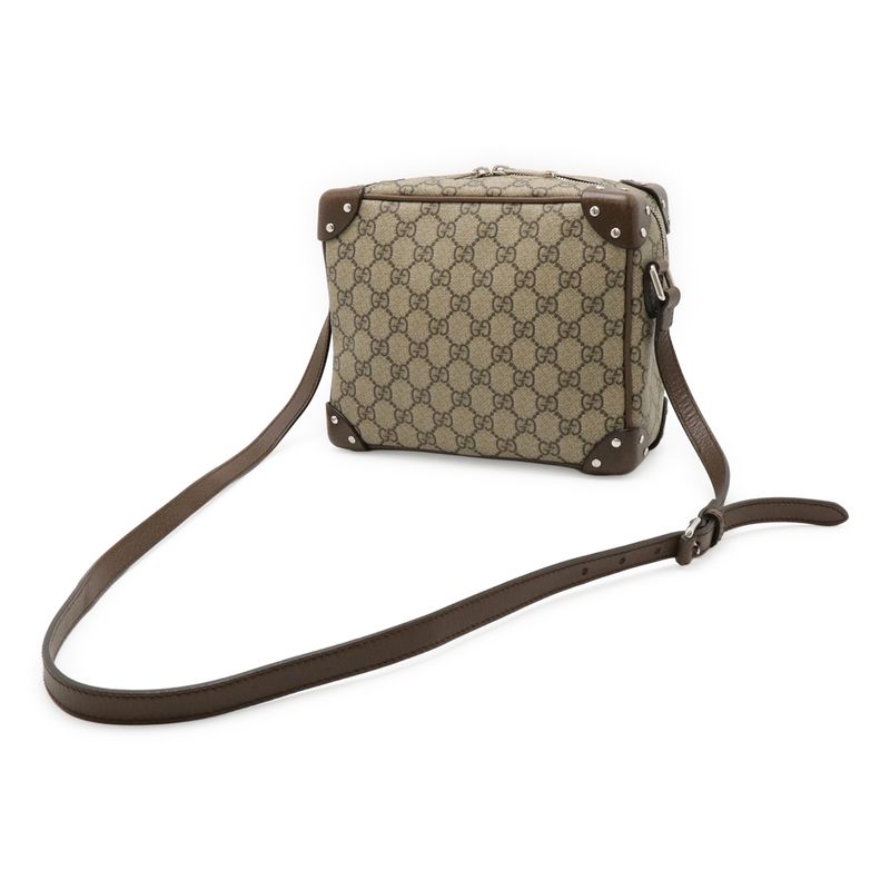 Gucci GG Supreme Shoulder Bag Crossbody PVC Leather Studded Beige Brown Dark
