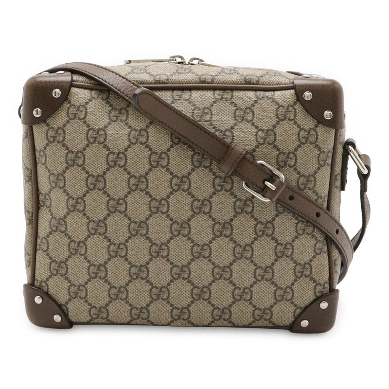 Gucci GG Supreme Shoulder Bag Crossbody PVC Leather Studded Beige Brown Dark