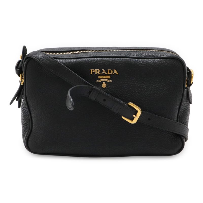Prada Logo Viterodino Shoulder Bag Pochette Crossbody Leather Nero Black Gold