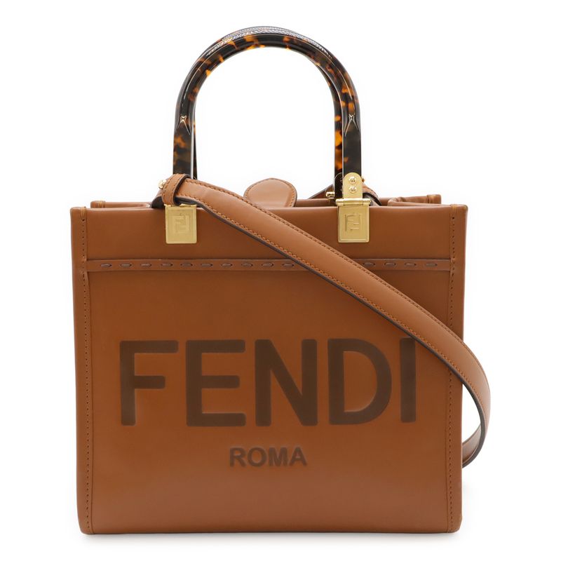 Fendi Sunshine Small Handbag 2way Shoulder Bag Leather Brown Gold Hardware