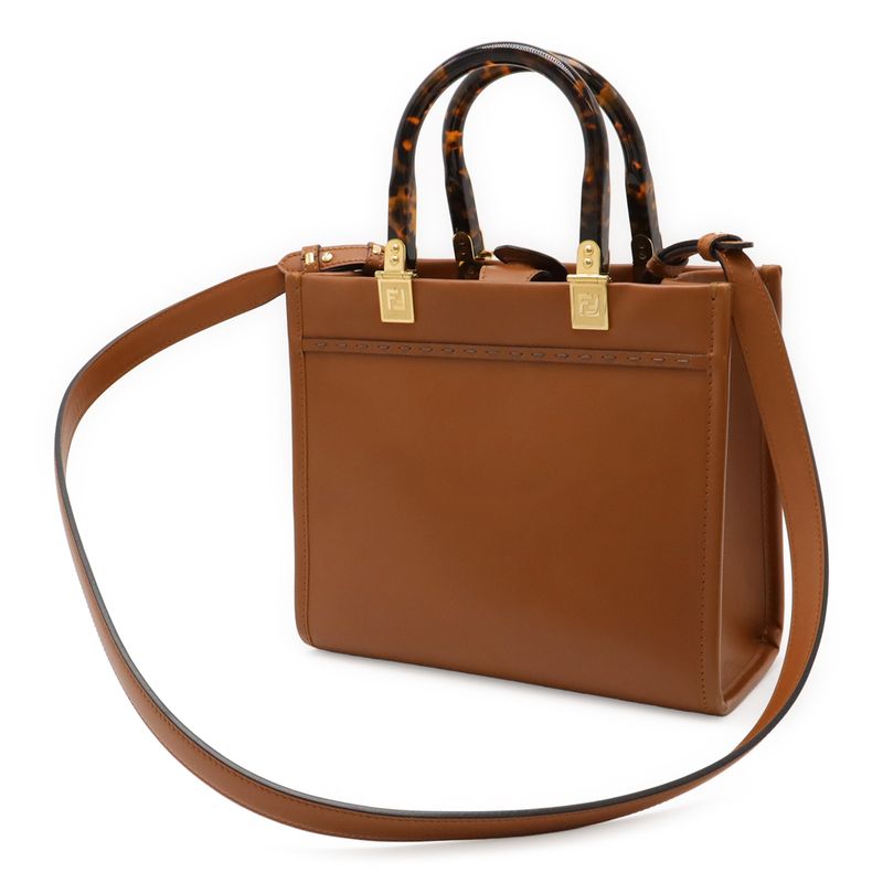 Fendi Sunshine Small Handbag 2way Shoulder Bag Leather Brown Gold Hardware