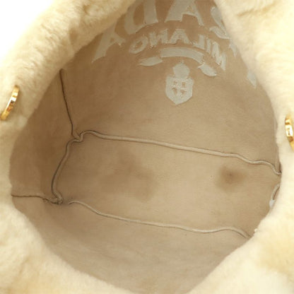 Prada Terry Spugna Logo Tote Bag 2way Shoulder Bag Shearling Beige Gold