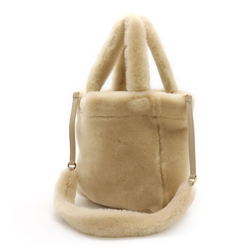 Prada Terry Spugna Logo Tote Bag 2way Shoulder Bag Shearling Beige Gold