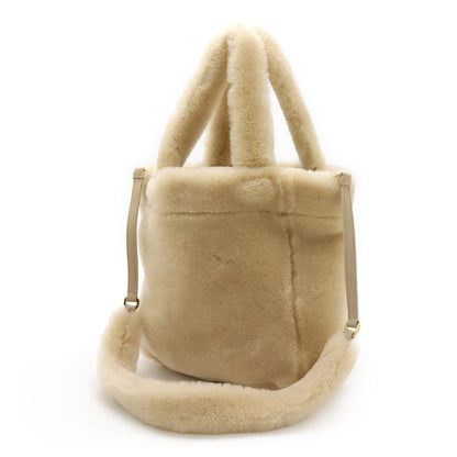 Prada Terry Spugna Logo Tote Bag 2way Shoulder Bag Shearling Beige Gold