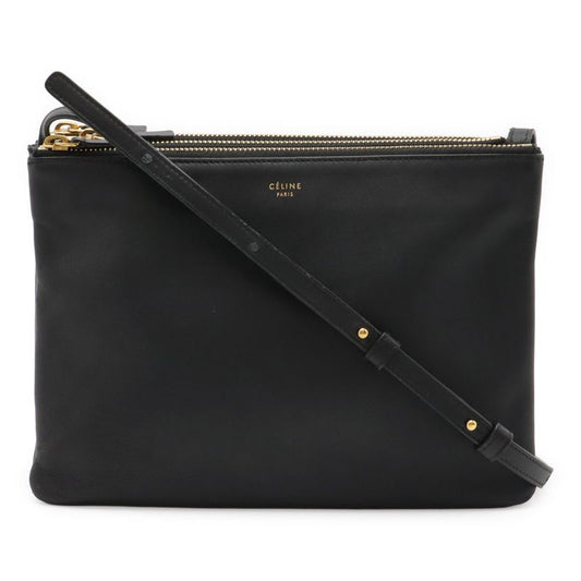 Celine Trio Large Shoulder Bag Pochette Crossbody Pouch Leather Black Silver