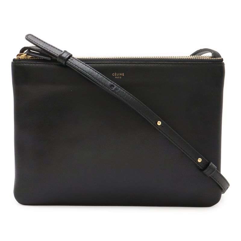 Celine Trio Large Shoulder Bag Pochette Crossbody Pouch Leather Black Silver