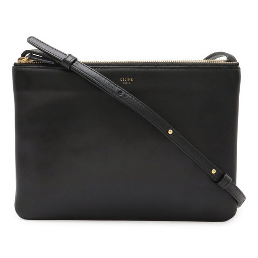 Celine Trio Large Shoulder Bag Pochette Crossbody Pouch Leather Black Silver
