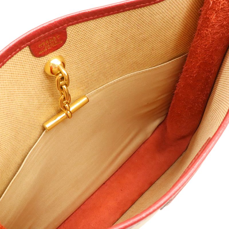 Hermes Vespa PM Shoulder Bag Shoulder Toile Ash Leather Beige Red Gold Hardware