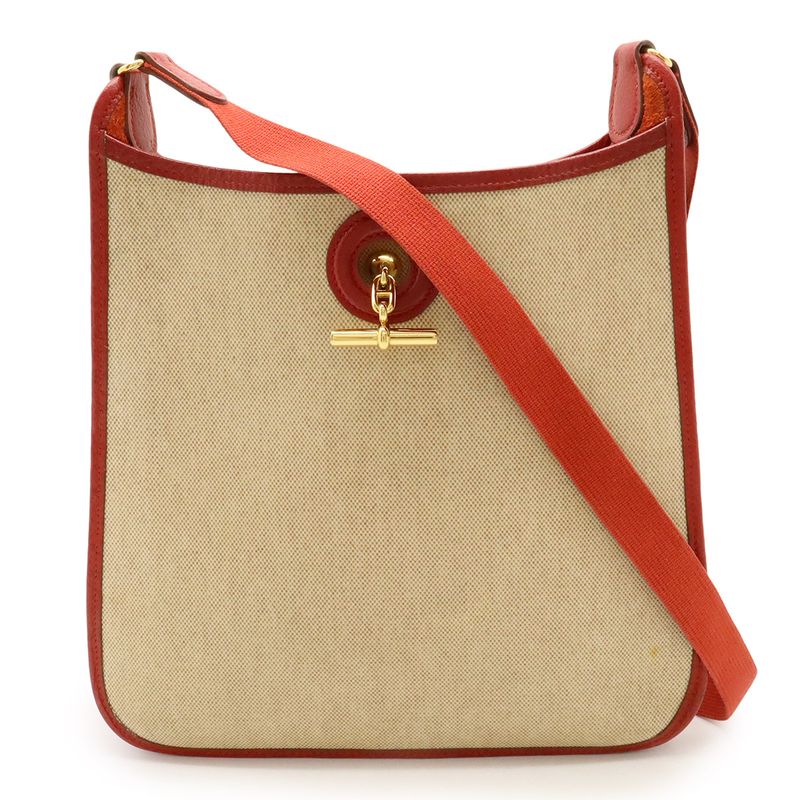 Hermes Vespa PM Shoulder Bag Shoulder Toile Ash Leather Beige Red Gold Hardware