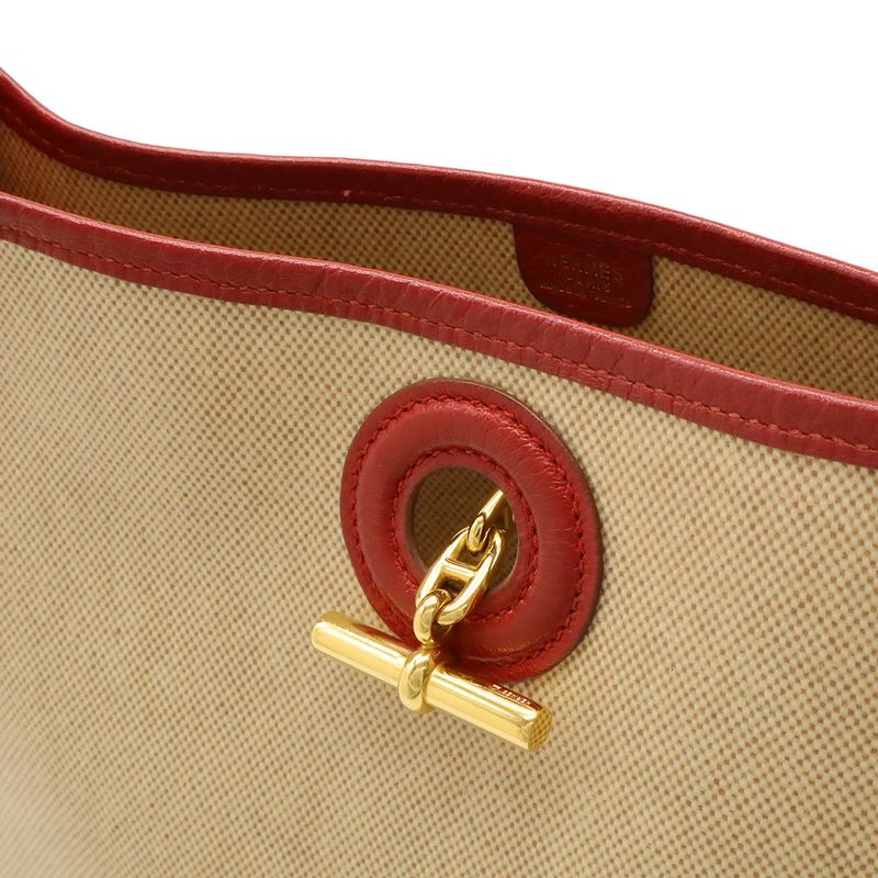Hermes Vespa PM Shoulder Bag Shoulder Toile Ash Leather Beige Red Gold Hardware